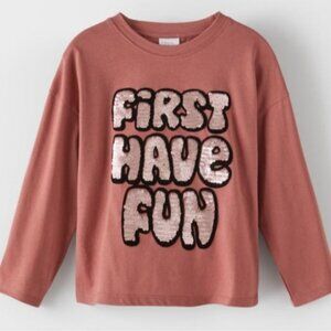 💠Zara Long Sleeve Top Girls Size 11 12 Pink Flip Sequin Graphic Tshirt